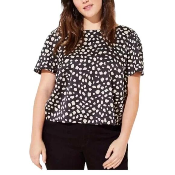 Loft Black Ivory Animal Print Open Back Bow Tie Short Sleeve Blouse Top Women M - Picture 1 of 7